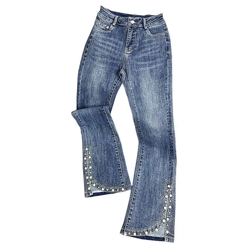 Diamond Beaded Split Jeans For Women High Waist Slim Bell-bottoms Trousers Denim Pants