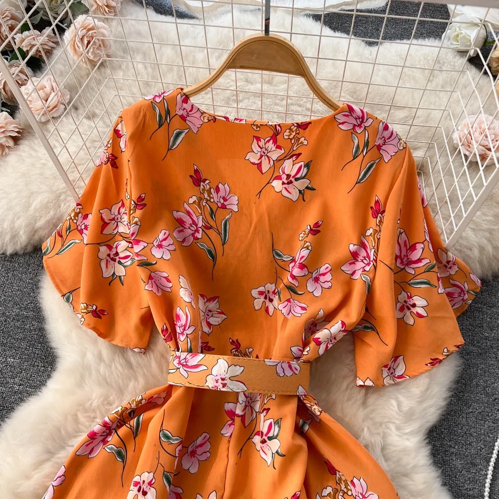 Flower Print Women's Elegant Belted Short Sleeve Slim Waist Long Beach Vacation Dress