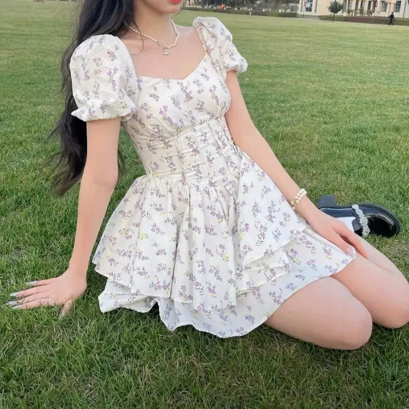 Short Floral Patchwork Party Dress French Sweet Fairy Style Dress