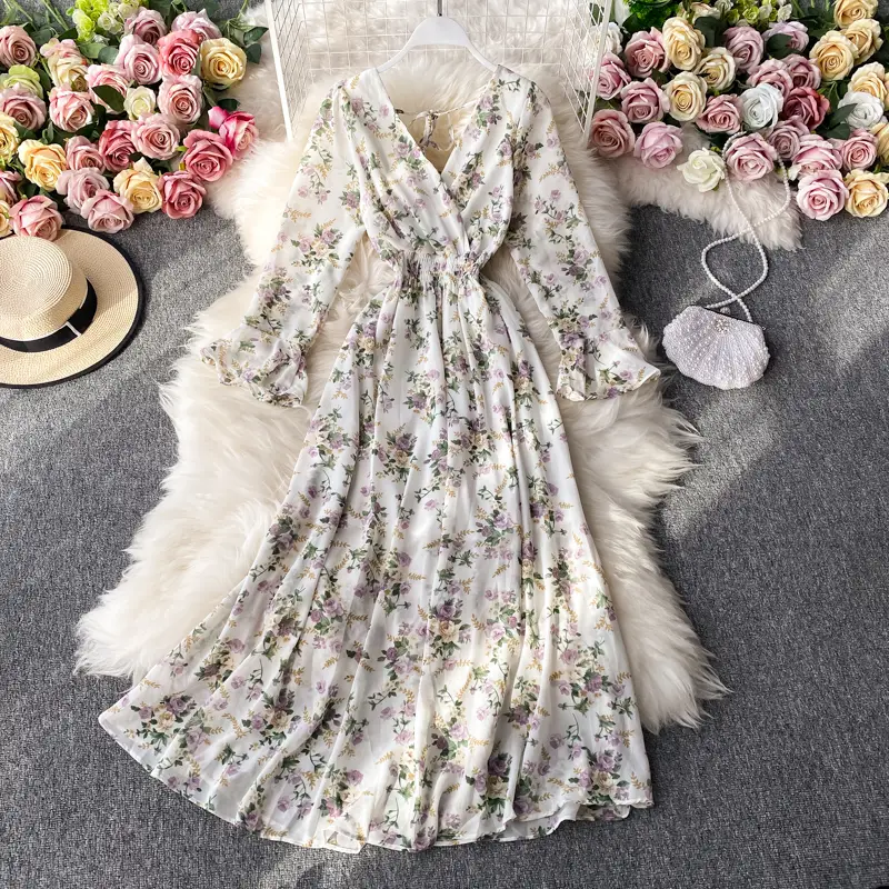 Retro Floral Print Ruffle Chiffon Midi Dress V-Neck A-Line Women's Elegant Beach Vacation Dress