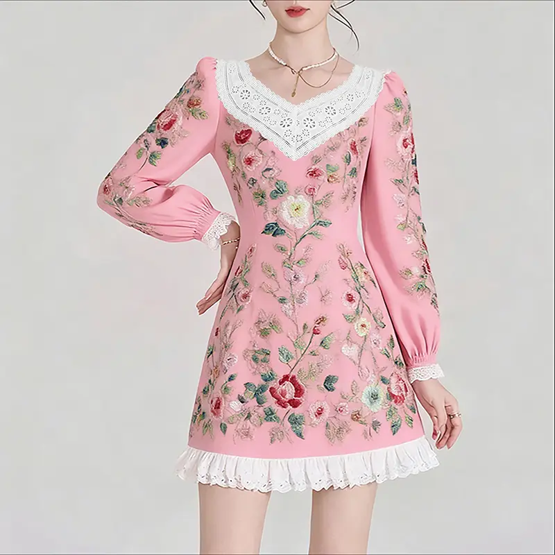 Floral Print Women's Mini Dress Long Puff Sleeve Lace Patchwork Sexy V-Neck Street Style Dress