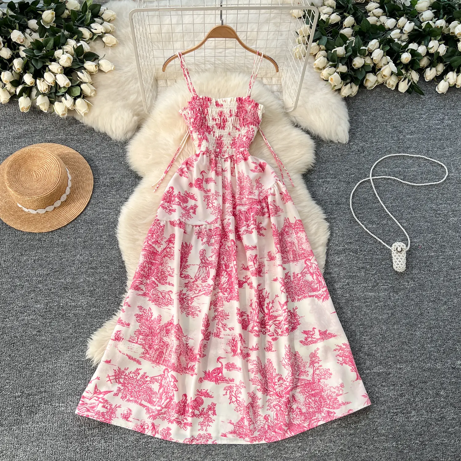 Sweet Elastic Pleated Waist Slimming Floral Women's Retro Fairy A-Line Midi Skirt