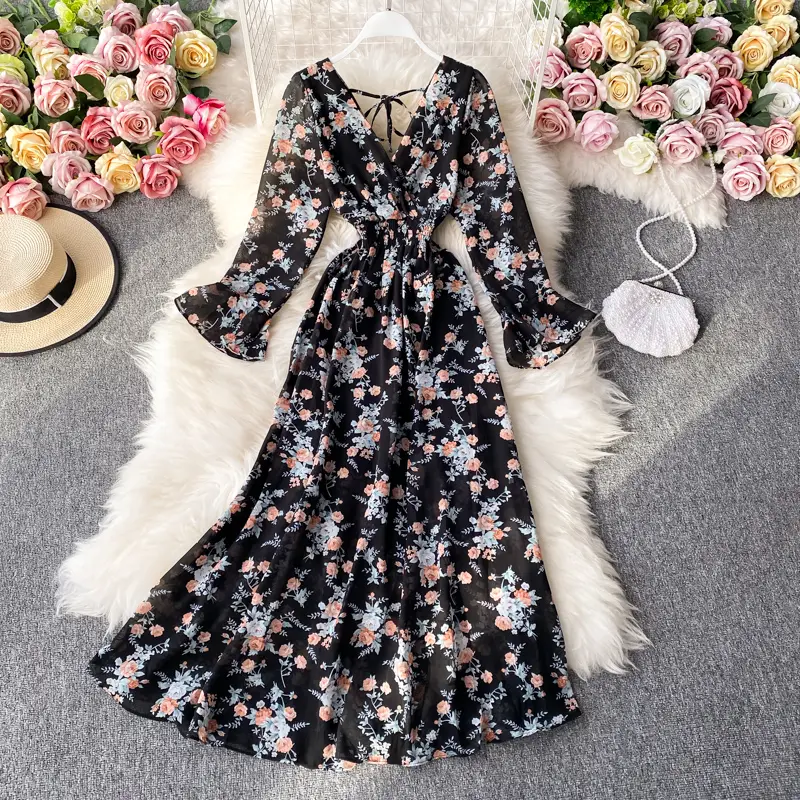 Retro Floral Print Ruffle Chiffon Midi Dress V-Nec...
