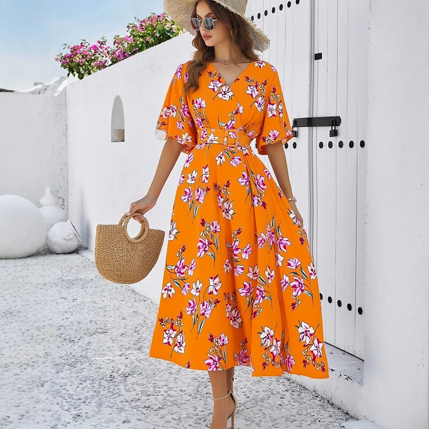 Flower Print Women's Elegant Belted Short Sleeve Slim Waist Long Beach Vacation Dress