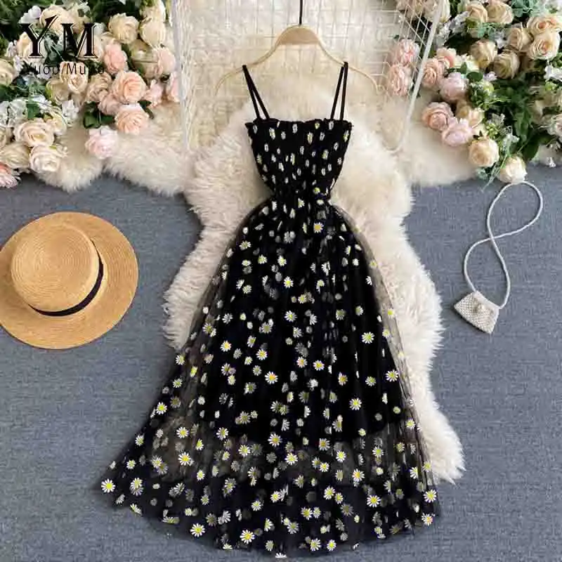 Fashion Daisy Floral Print Mesh Party Dress Summer Two-Layer Spaghetti Strap Vacation Midi Beach Dress
