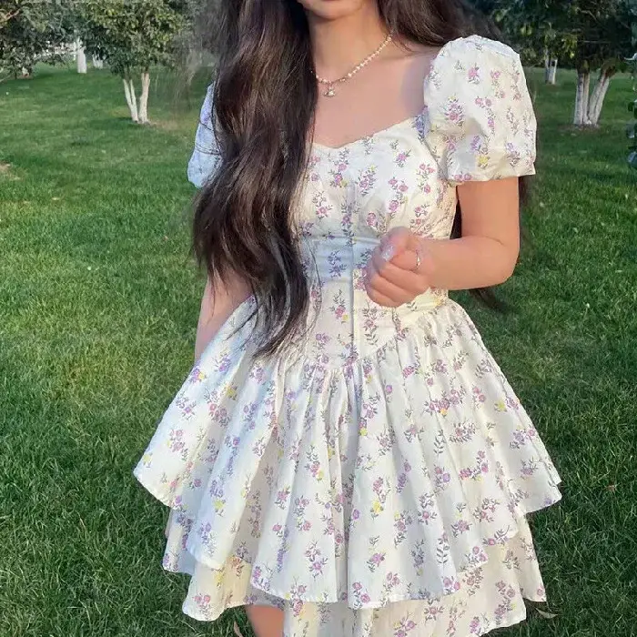 Short Floral Patchwork Party Dress French Sweet Fa...