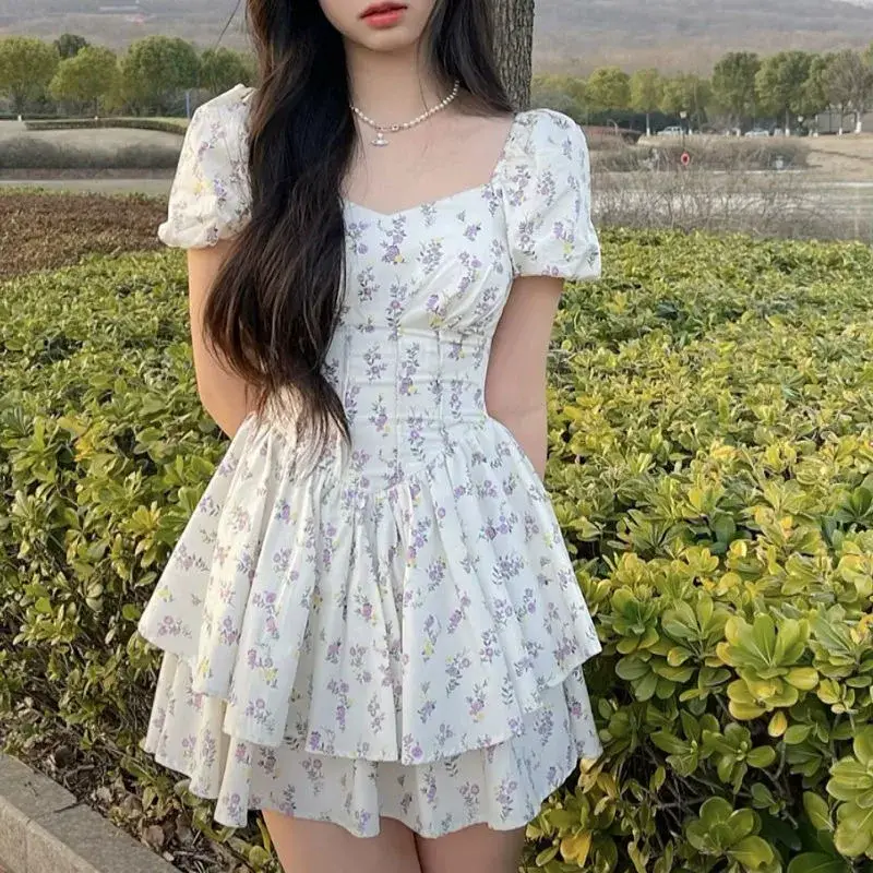 Short Floral Patchwork Party Dress French Sweet Fairy Style Dress