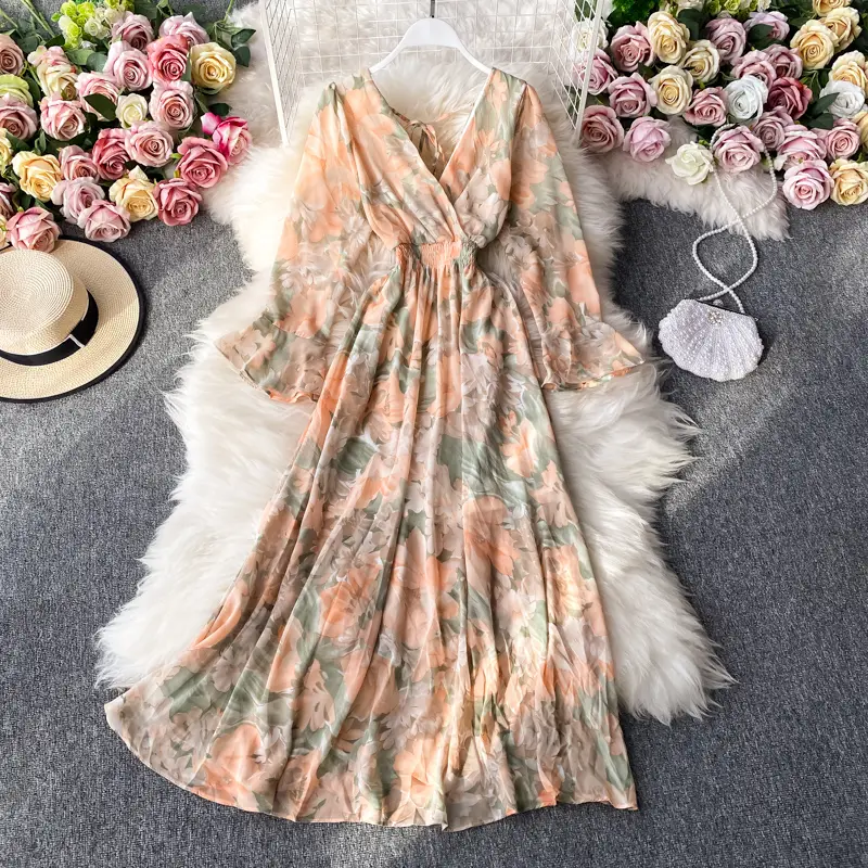 Retro Floral Print Ruffle Chiffon Midi Dress V-Neck A-Line Women's Elegant Beach Vacation Dress