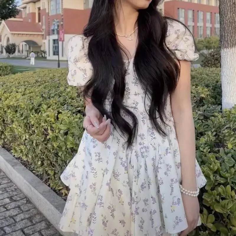 Short Floral Patchwork Party Dress French Sweet Fairy Style Dress