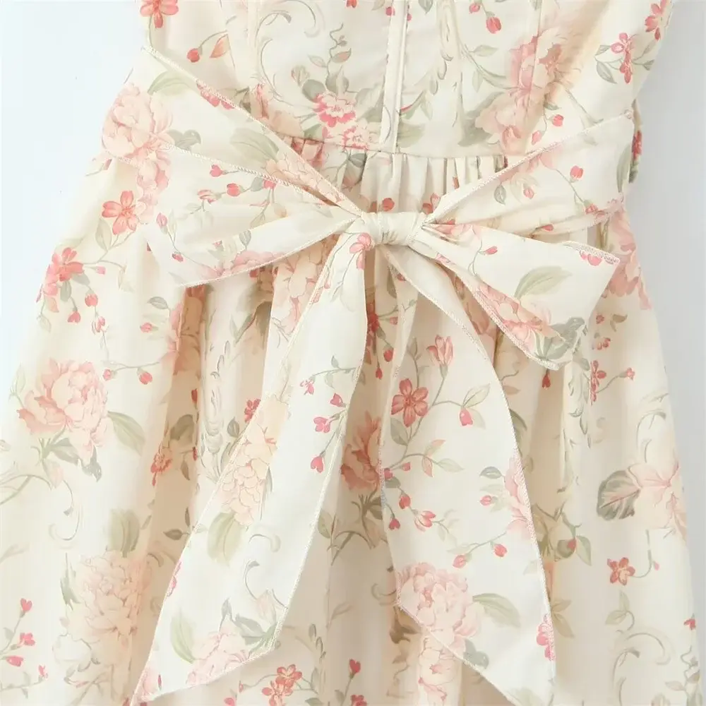 Women's Stylish Slim Fit Printed Belt Lace-Up Detail Dress