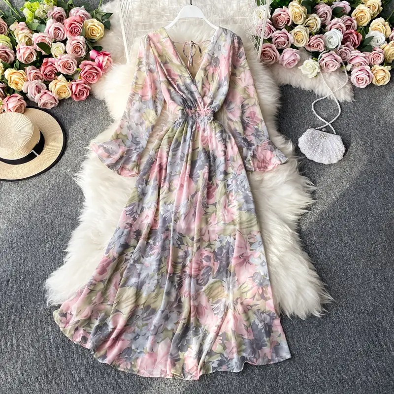Retro Floral Print Ruffle Chiffon Midi Dress V-Neck A-Line Women's Elegant Beach Vacation Dress