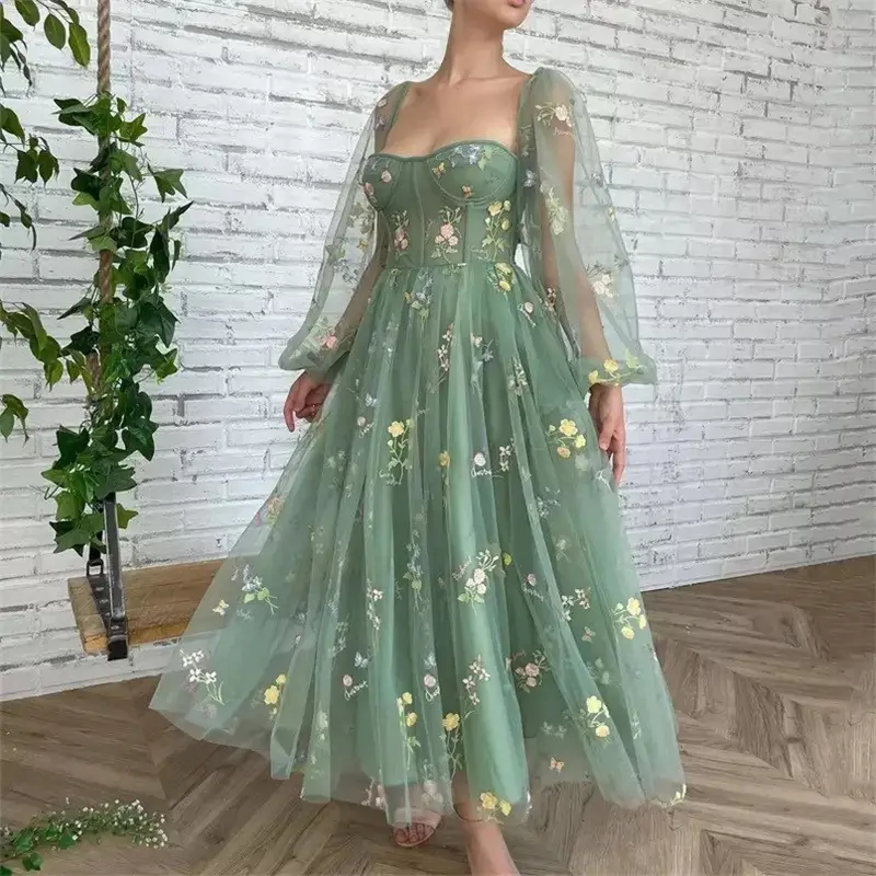 Fairy Princess Floral Tulle Maxi Dress for Women Boat Neck Long Puff Sleeve Prom Gown