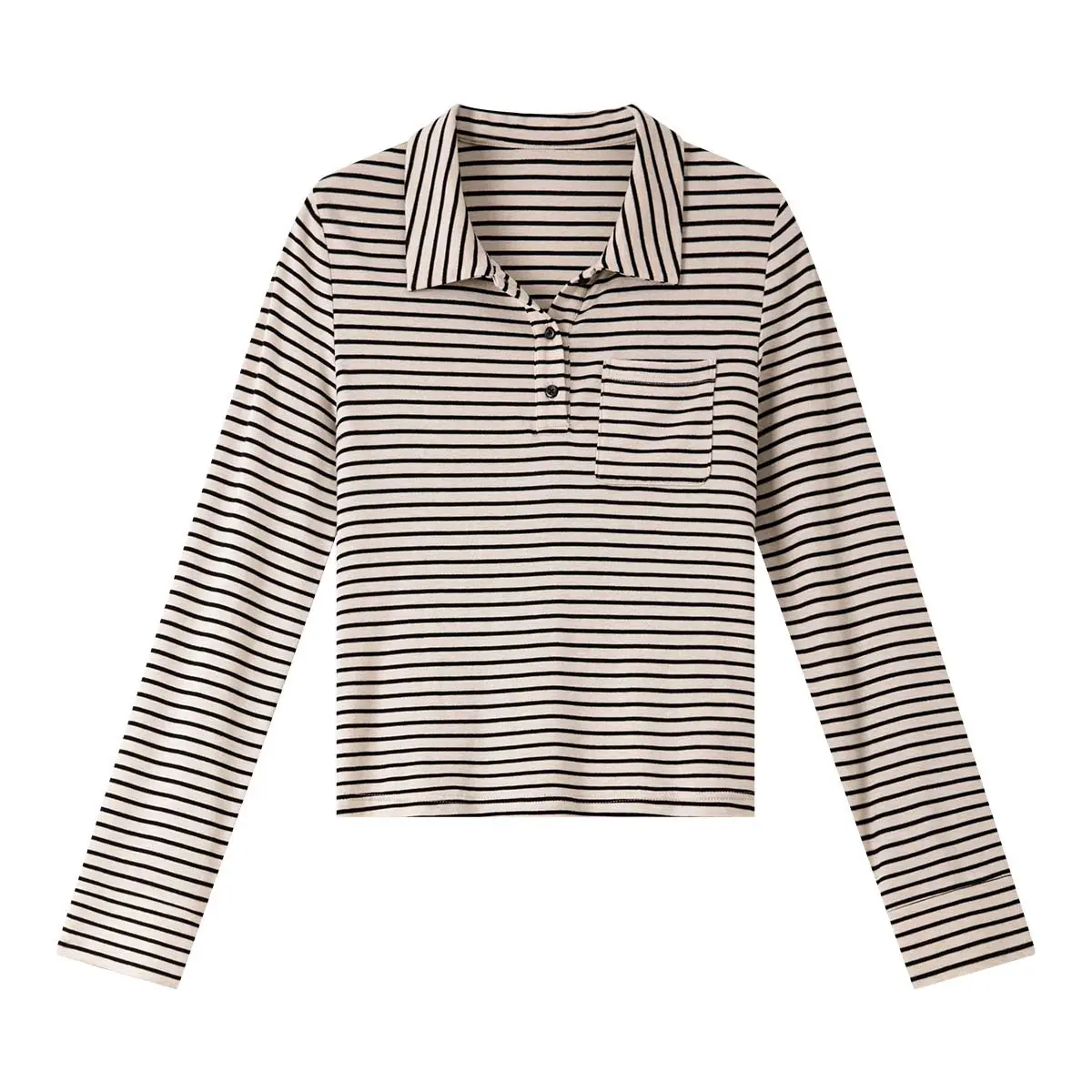 Striped Long-Sleeved T-Shirt For Women Polo Collar Color-Blocked Button Top