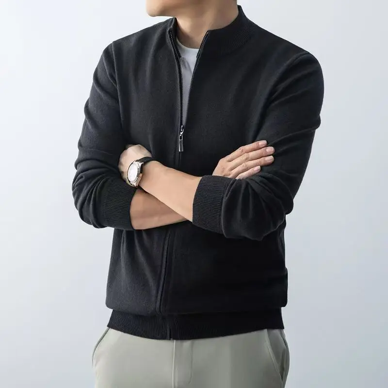 Men's Zipper Cardigan Sweater Slim Fit Sweaters Stand Knitwear Jumper Warm Cold Blouse Zip Long Sweater Coats