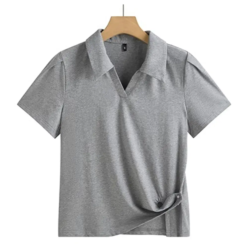 Women's Casual Polo Shirt Short-Sleeved T-Shirt Split Waist Turn-Down Collar Cropped Top