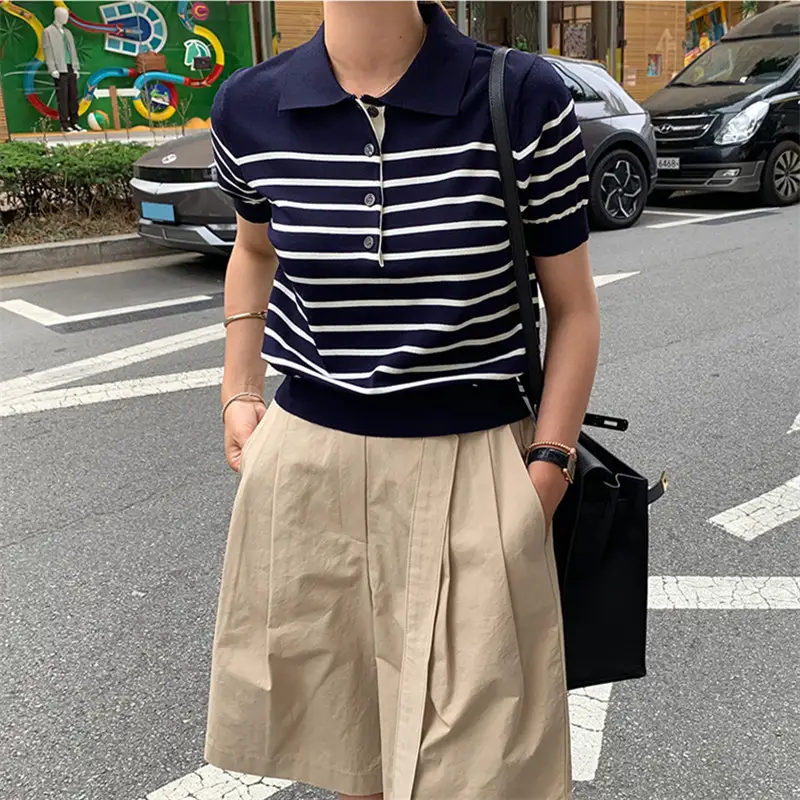 Women's Short-Sleeved Casual Striped Shirt Loose Top