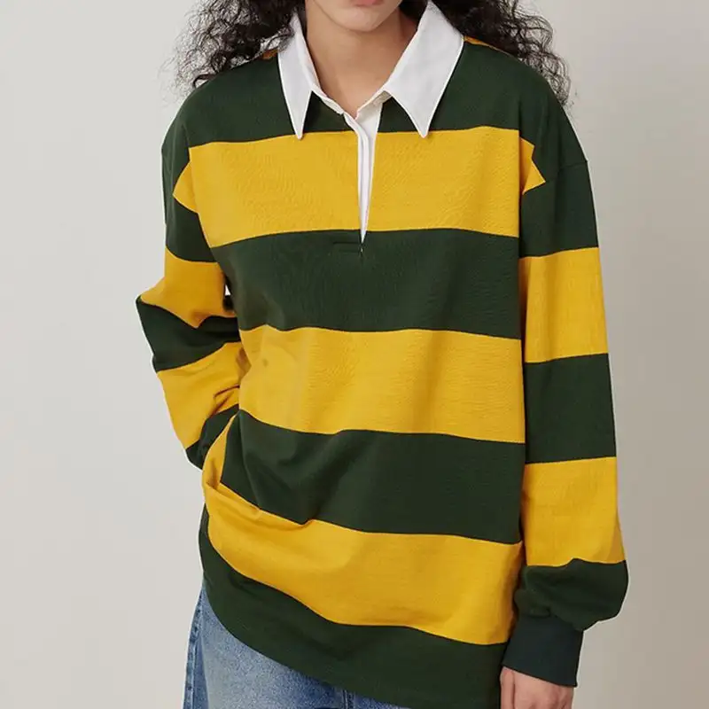 Striped Loose-Fitting Retro Polo Shirt Long Sleeves Button-Down Casual Style