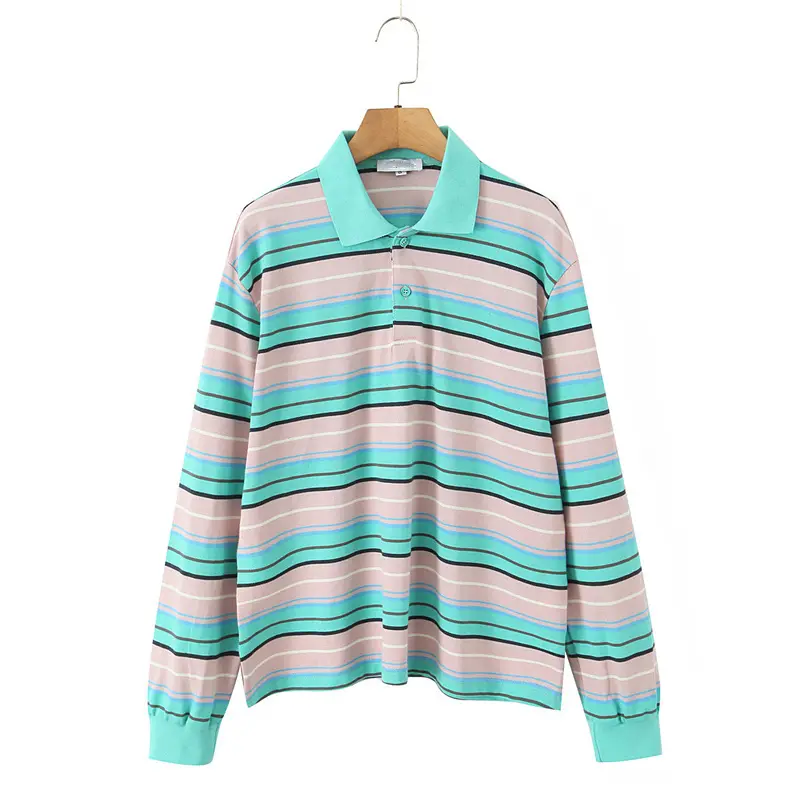 Minimalist Cotton Striped Polo Shirt Women's Long-Sleeved Top