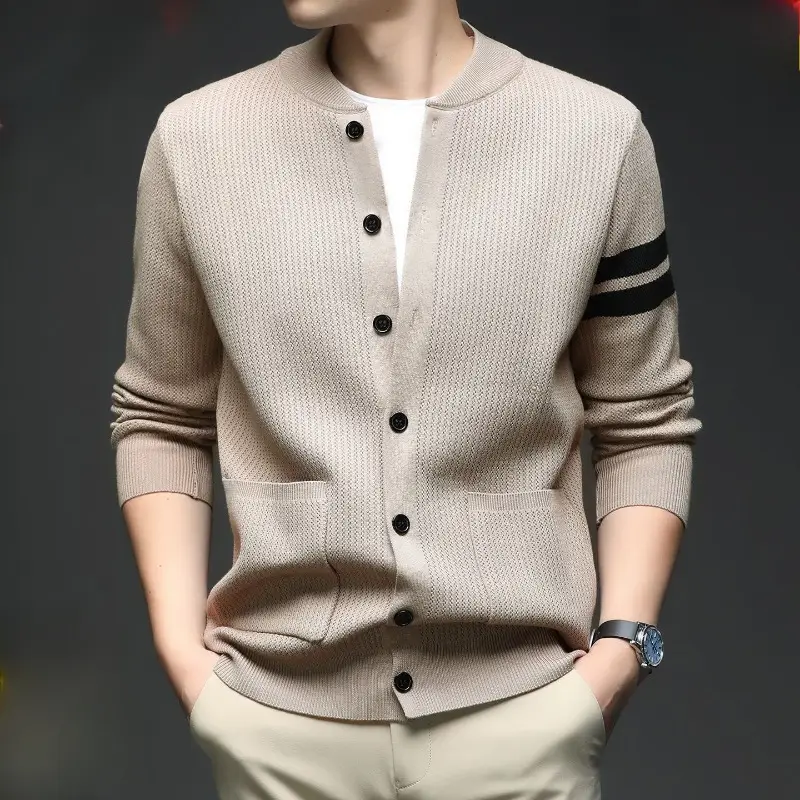 Autumn Winter Knit Men Cardigan Sweater Long Sleeve Button Striped Baseball Collar Pocket Men Top Clothing