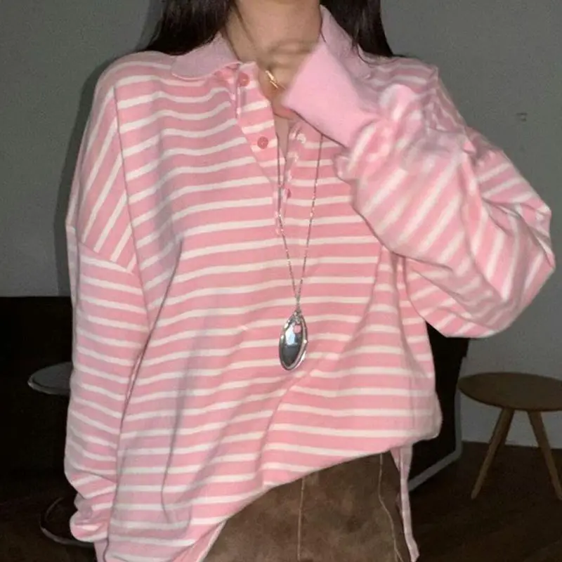 Sweet Pink Striped Polo Collar Long-Sleeved T-Shirt