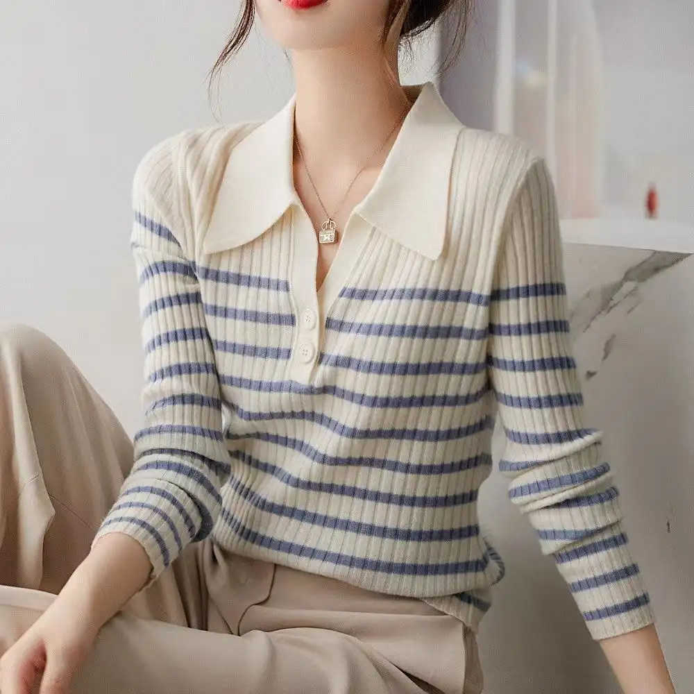 Women's Long-Sleeve Knit Striped T-Shirt