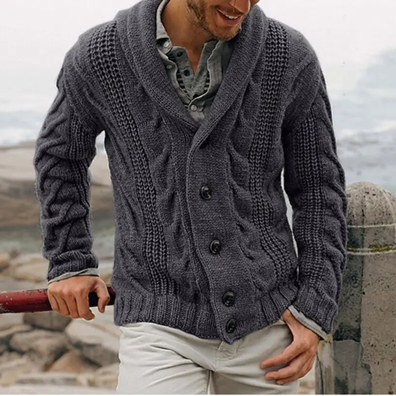 Men's Single-Breasted Loose Fit Coarse Knit Cardig...
