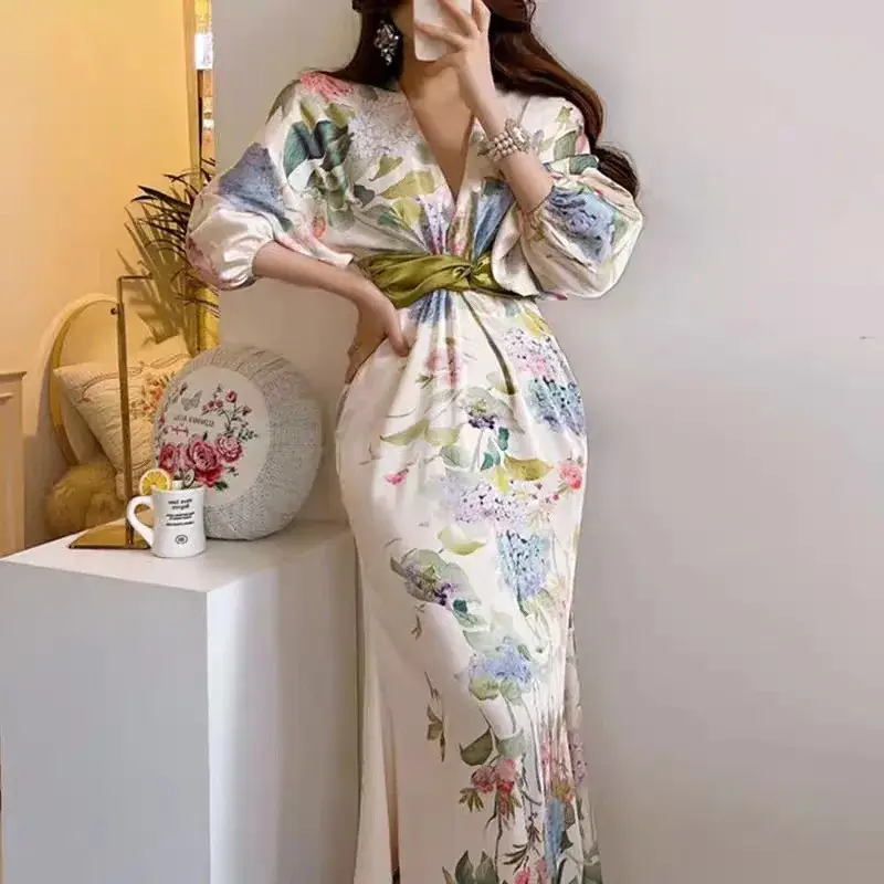French Elegant V-neck Floral Print Knot ...
