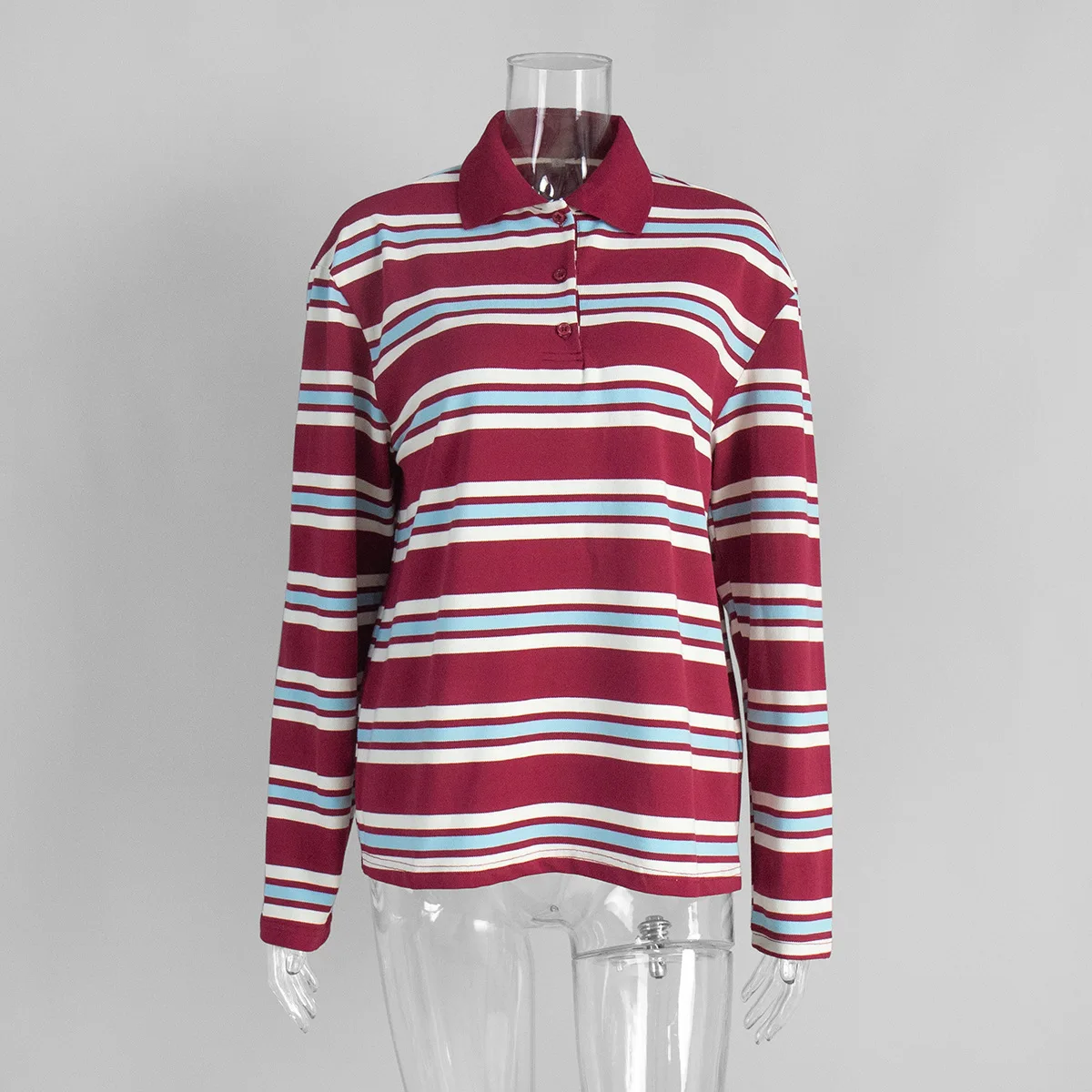 Casual Striped Color-Blocked Long-Sleeved T-Shirt Women's Button-Down Collar Polo Shirt