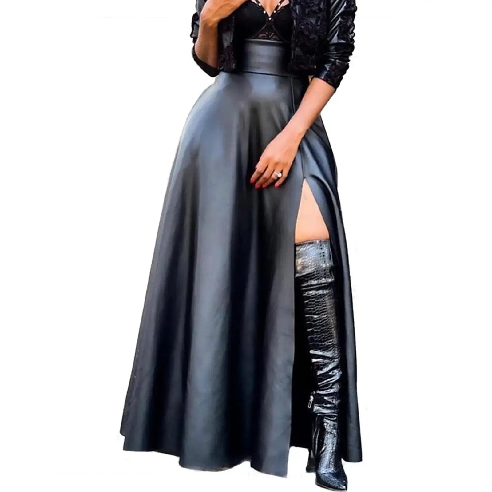 Women's High-Waist Faux Leather Solid Skirt High Slit Flared Irregular Elegant Long Skirt