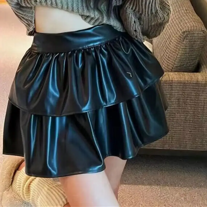 Women's Leather Mini Skirt High-Waist Pleated Shor...