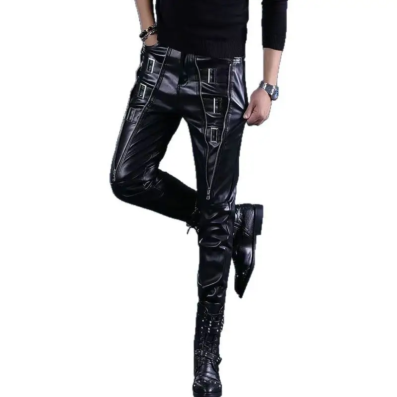 Men's Zipper Decorative Locomotive Riding Windproof Casual PU Leather Pants