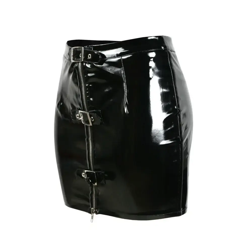 Women's Sexy Shiny Bodycon Mini Skirt Zip-Up Buckl...