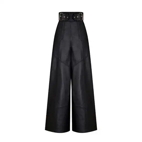 Women's High Waist Wide Leg Loose Leather Pants With Sash