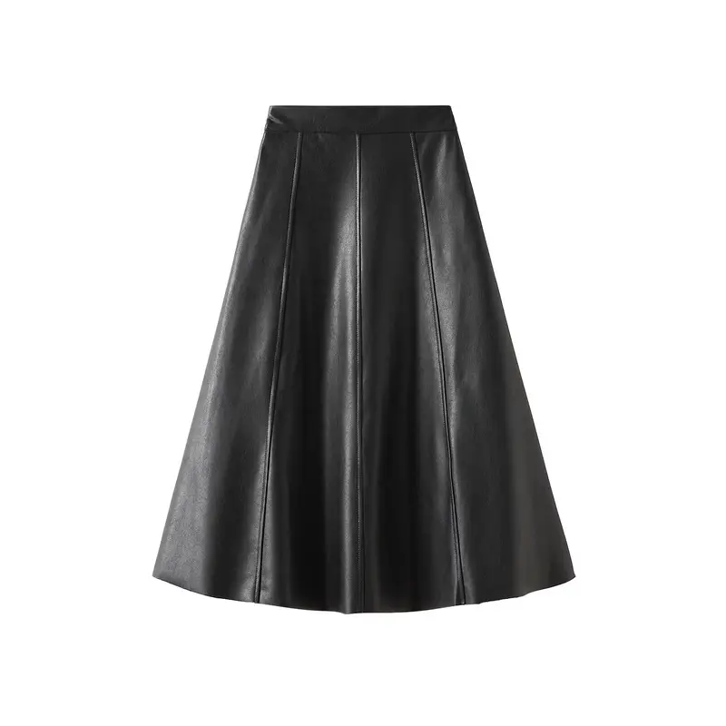 Women's Vintage High-Waist Leather Midi Skirt Elegant Loose Fit Skirt