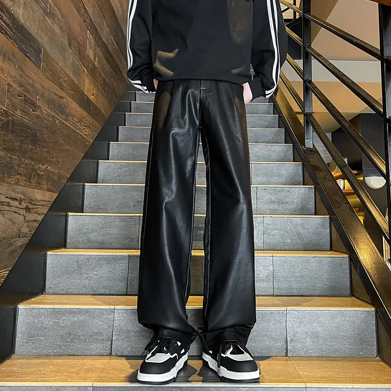 Men's PU Leather Pants Baggy Pants Wide-Leg Mopping Trousers Windproof