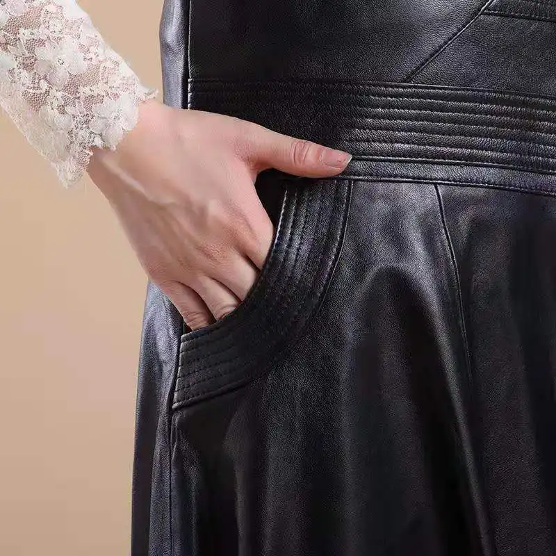 Women's Fashion Solid Color A-Line Leather Skirt Simple Slim High-Waist Zipper Skirt