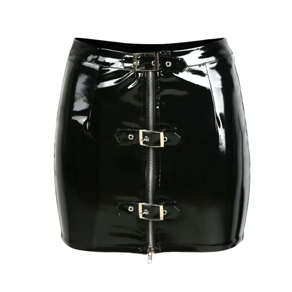Women's Sexy Shiny Bodycon Mini Skirt Zip-Up Buckle Wet Look Latex Black Leather Slim Skirt