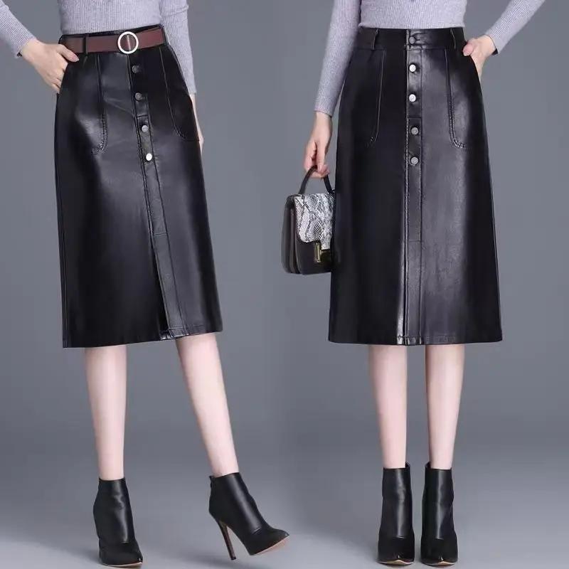 Women’s Sexy High-Waist Slim Fit Leather Long Sk...