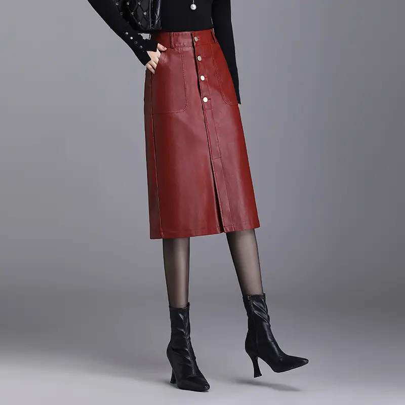 Fashion PU Leather High-Waist Bodycon Straight Sli...