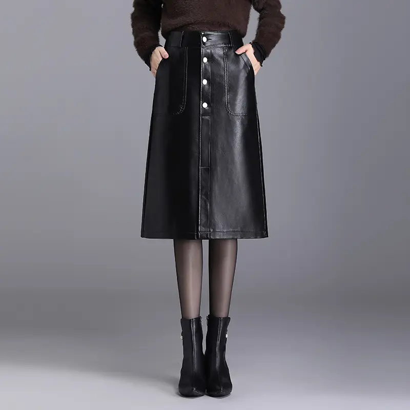 Fashion PU Leather High-Waist Bodycon Straight Slim Midi Skirt
