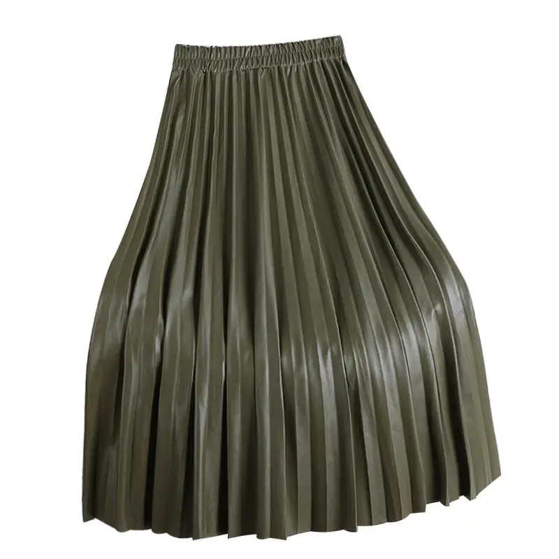 Pleated Leather Skirt Women's High Waist Pleated PU Leather Skirt
