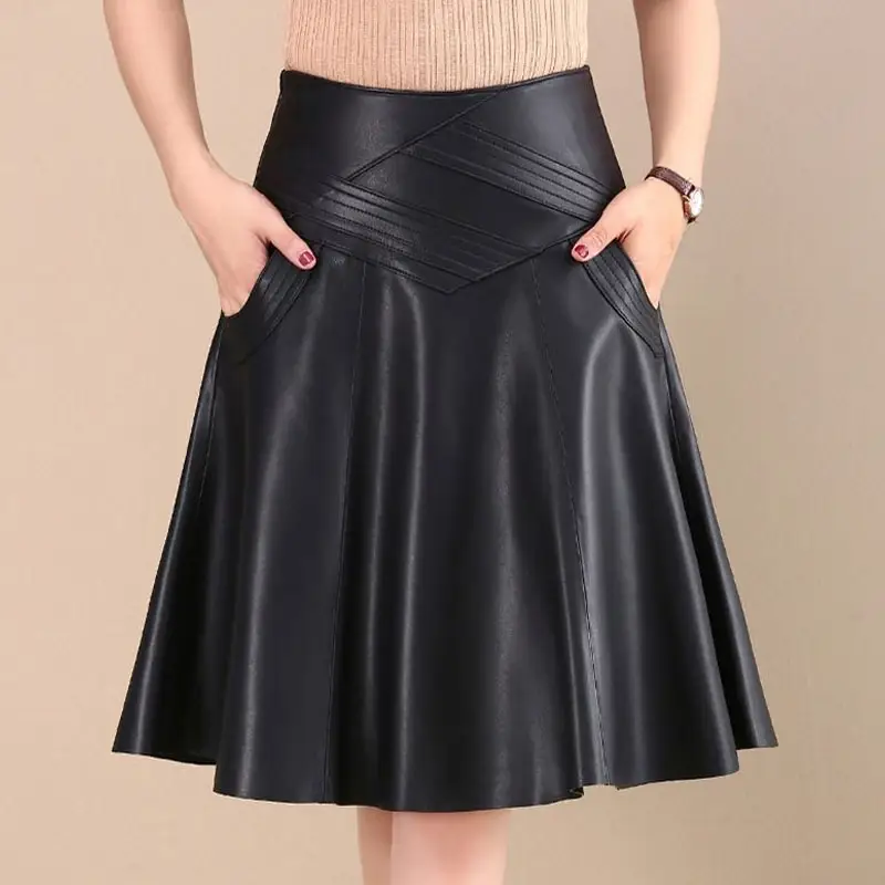 Women's Fashion Solid Color A-Line Leather Skirt Simple Slim High-Waist Zipper Skirt