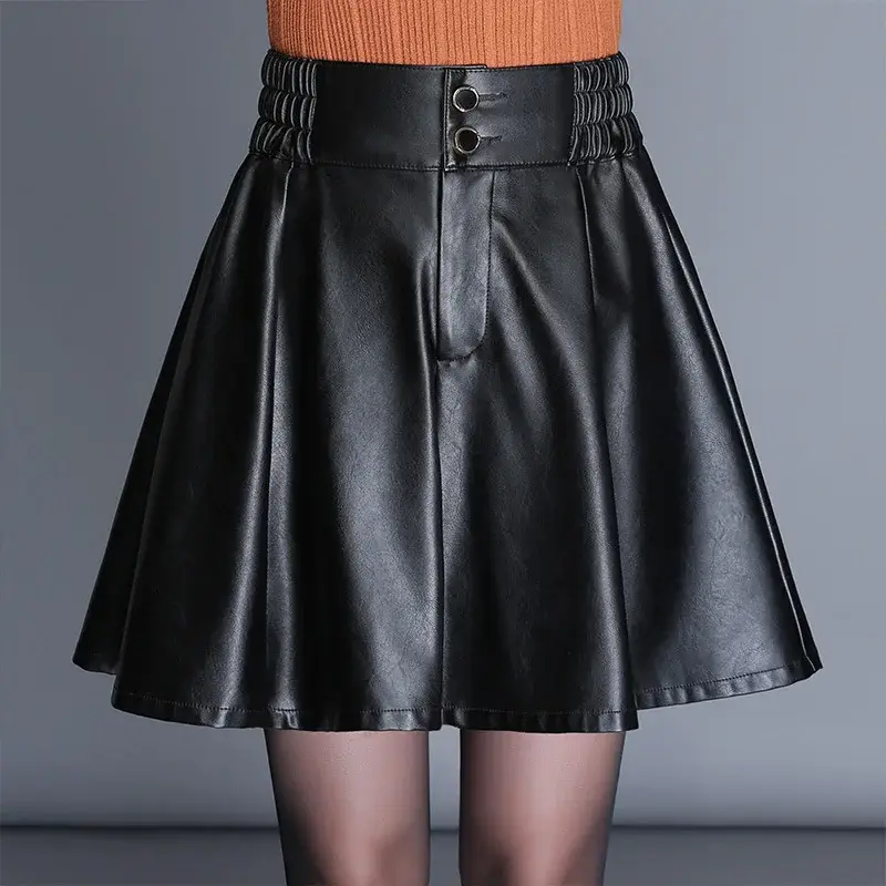 Sexy Elastic Waist PU Leather Pleated Mini Skirt Elegant Short Skirt for Women