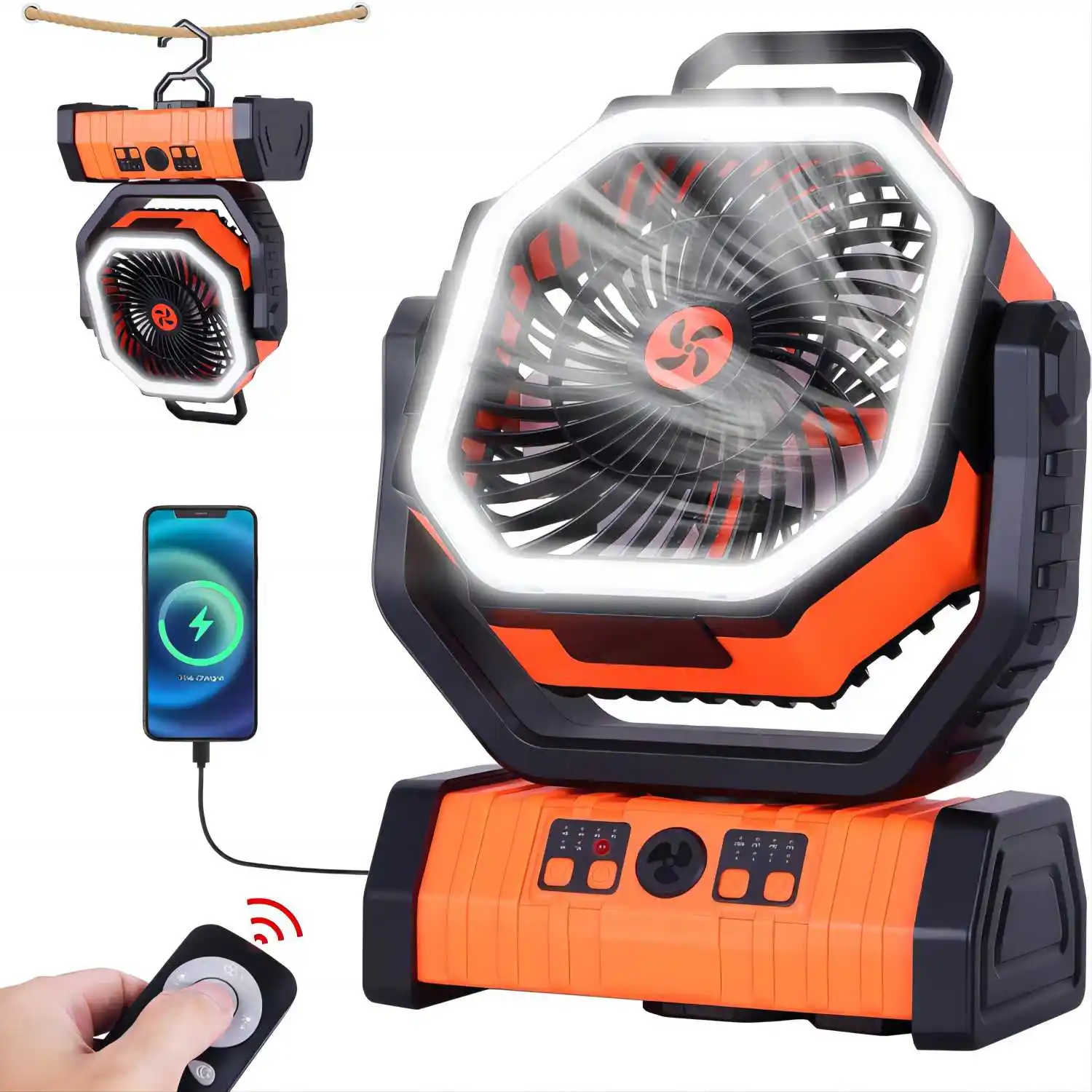 Head Shaking Portable Hook Camping Fan 20000mah Rechargeable With 4 Speed Outdoor Tent Fan Remote Control Timing