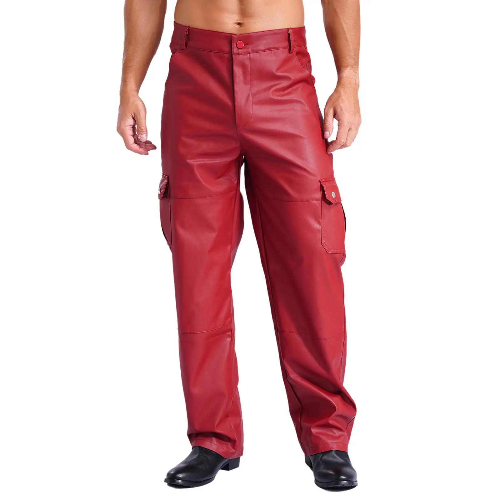 Men PU Leather Pants Multiple Pockets Trousers Cargo Pants Pants