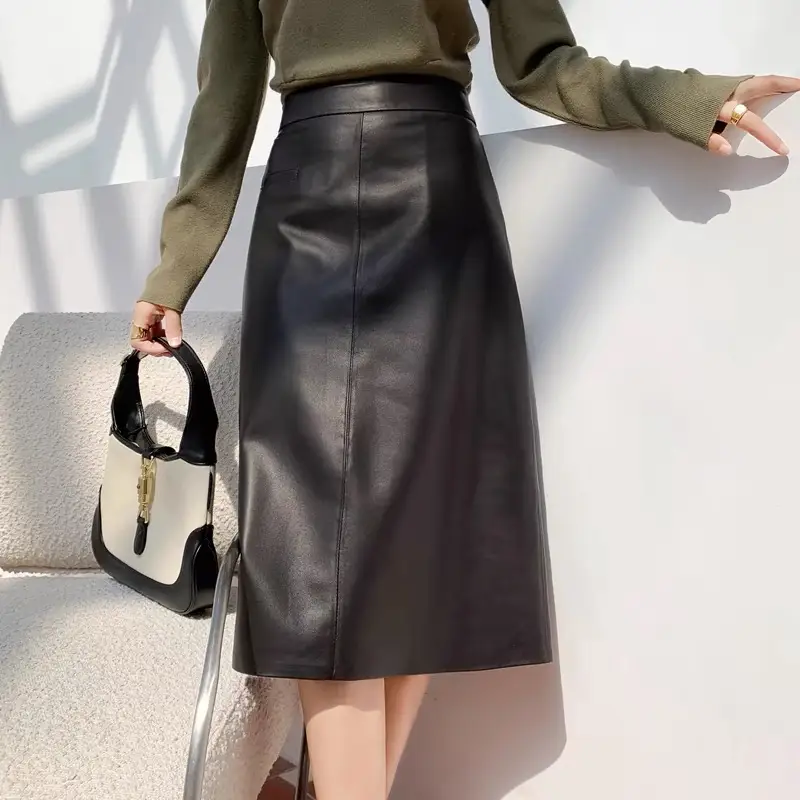 Genuine Leather Skirts For Women Long Skirts High Waist Fashion