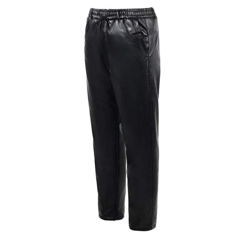 Men's PU Leather Pants Elastic Waisted Loose Casual Straight Trousers Windproof Warm Leather Pants