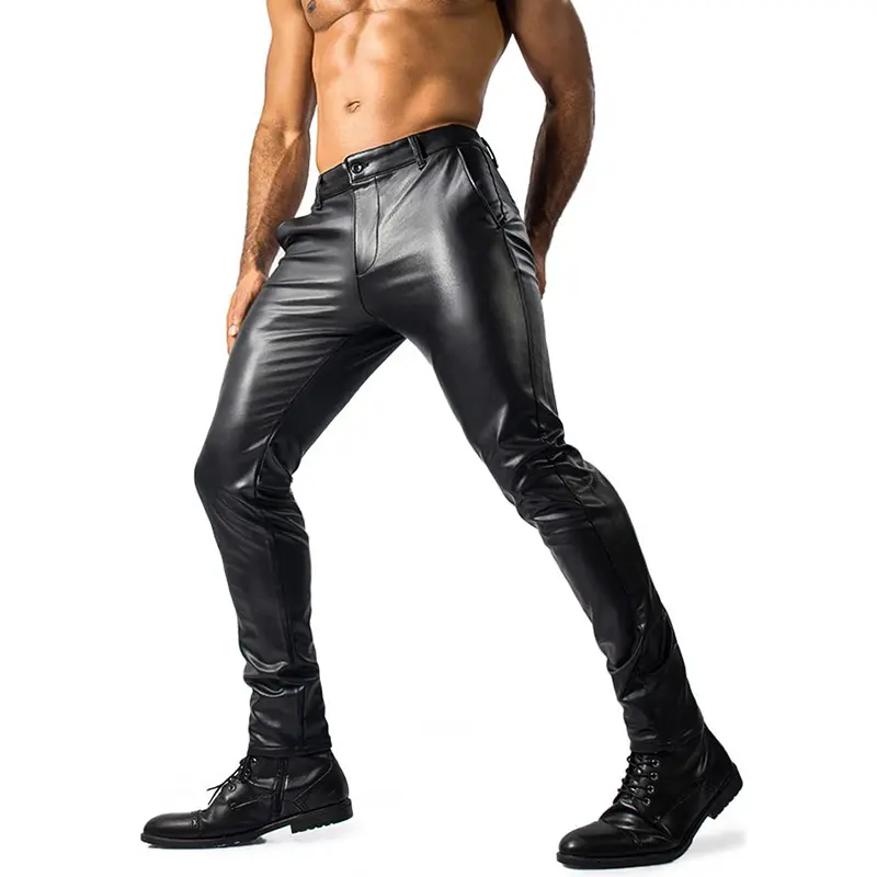 Men's PU Leather Pants Vintage Stretch Slim Fit Trousers For Men Casual Solid Color Leather Pants