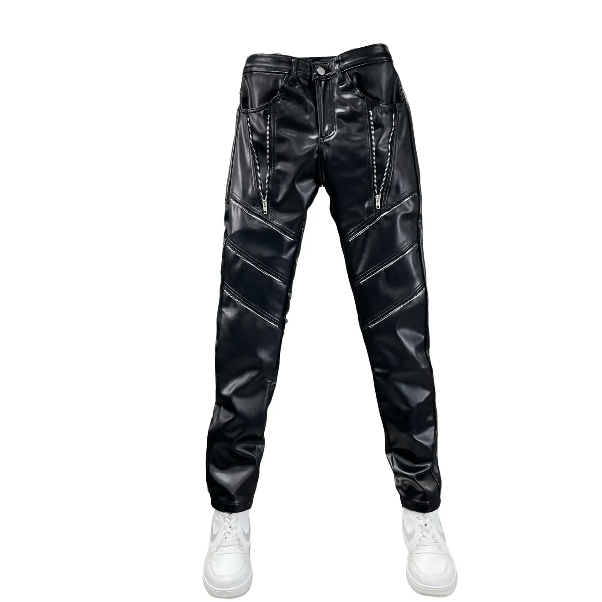 Men's Rivets Slim-Fitting Small Feet Trendy Personalized Zipper Leather Pants