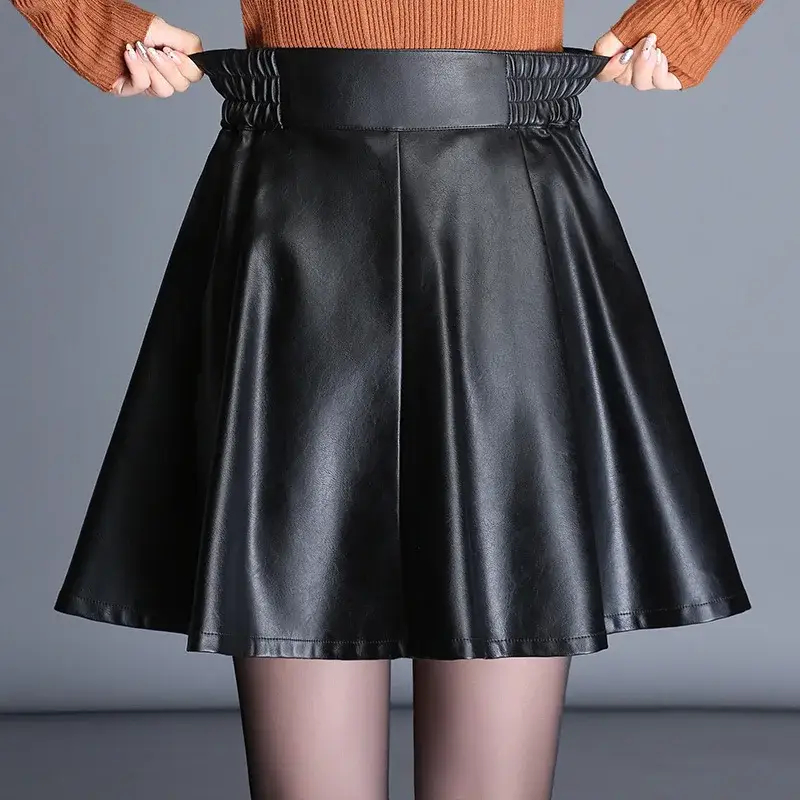 Sexy Elastic Waist PU Leather Pleated Mini Skirt Elegant Short Skirt for Women
